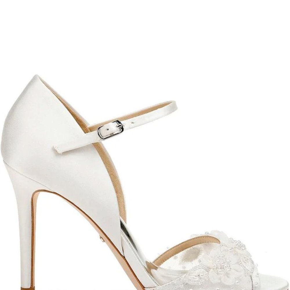 Carter Satin Flower Beaded Peep Toe d'Orsay Ankle Strap Pumps
